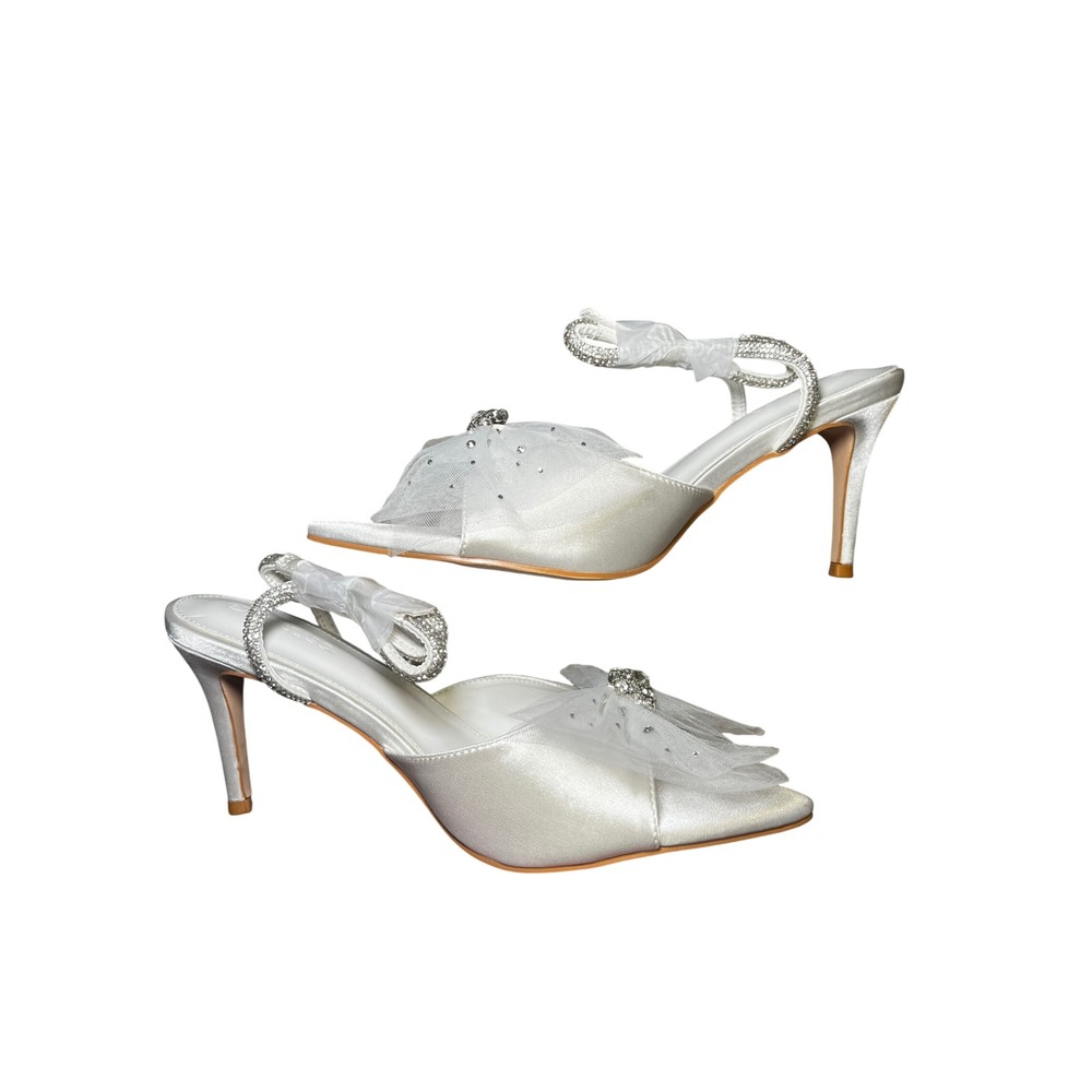 Countgo White Satin Rhinestone Bow Slingback Heels Size 8.5 Bridal